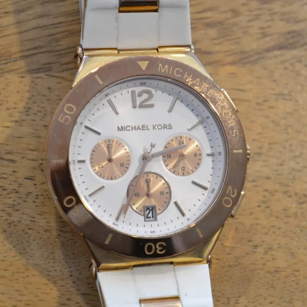Michael Kors Wrist Watch Rose Gold White Chronograph Subdials